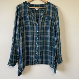 J. JILL Plaid Tunic Shirt L Blue Green Button-Up Dipped Hem Casual Office
